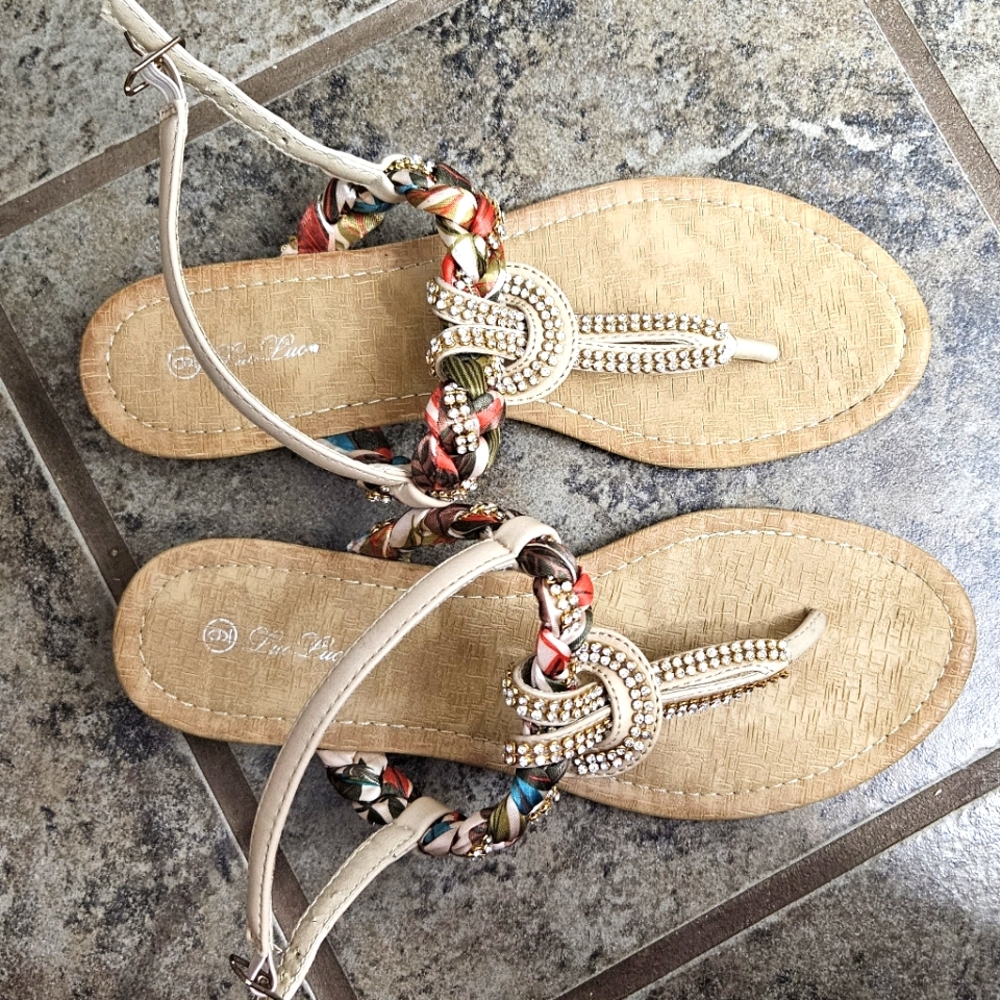 Luo Luo multicolor braided rhinestone Sandal, small wedge, size 9